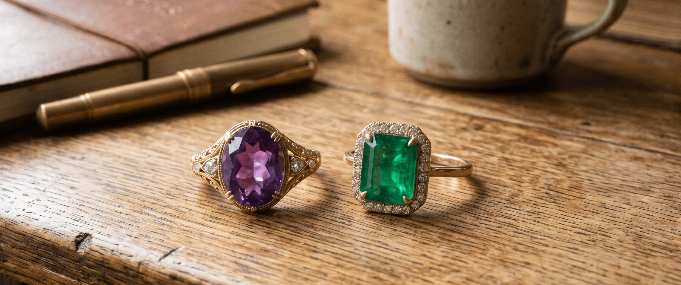 アメジストとエメラルドのリング