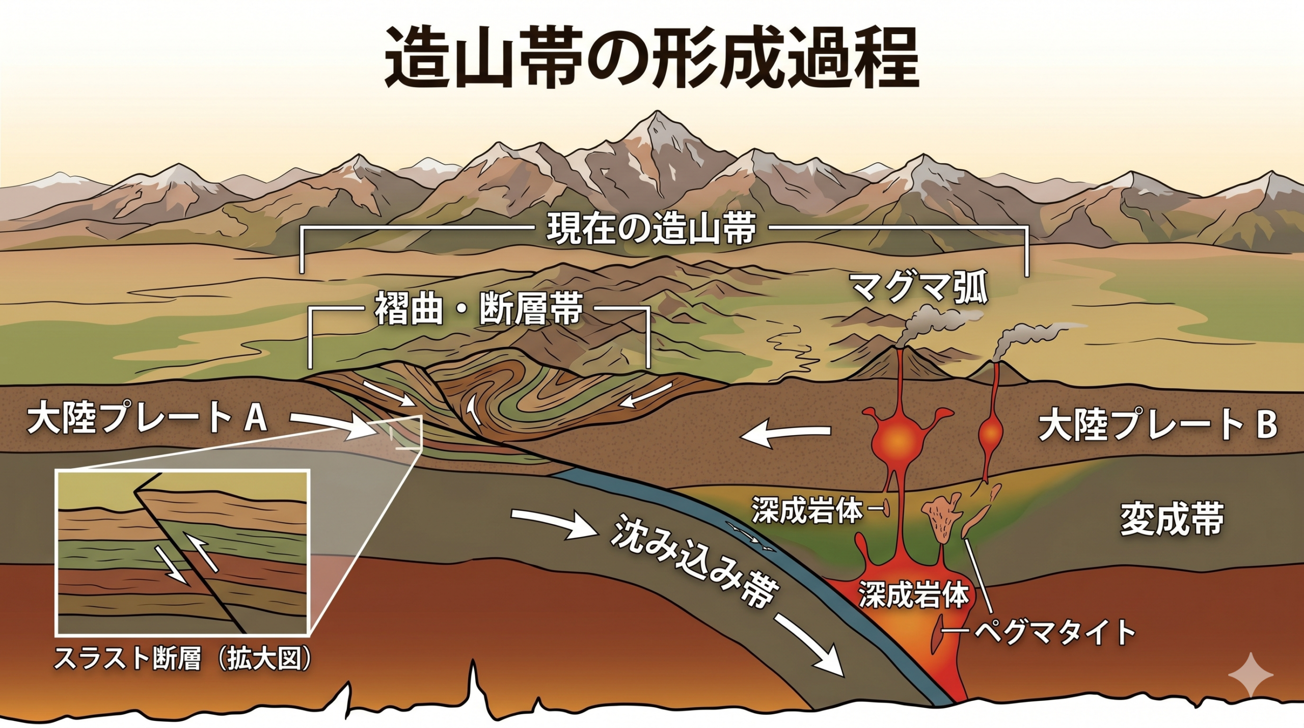 造山帯と水晶の形成過程の図解